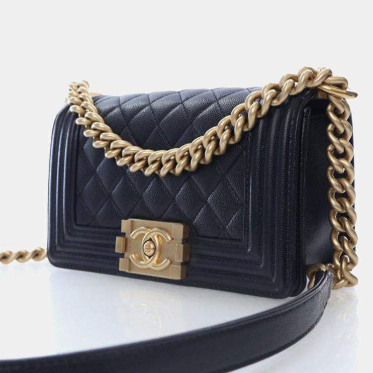 Pre Owned Chanel Boy Small Black Caviar Leather Shoulder Bag