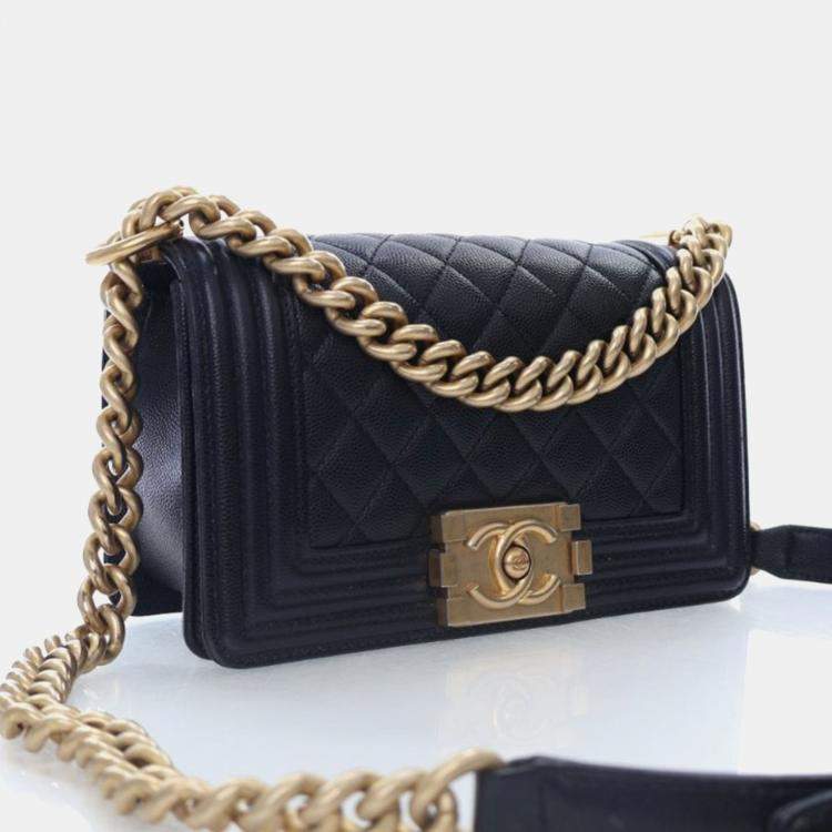 Pre Owned Chanel Boy Small Black Caviar Leather Shoulder Bag