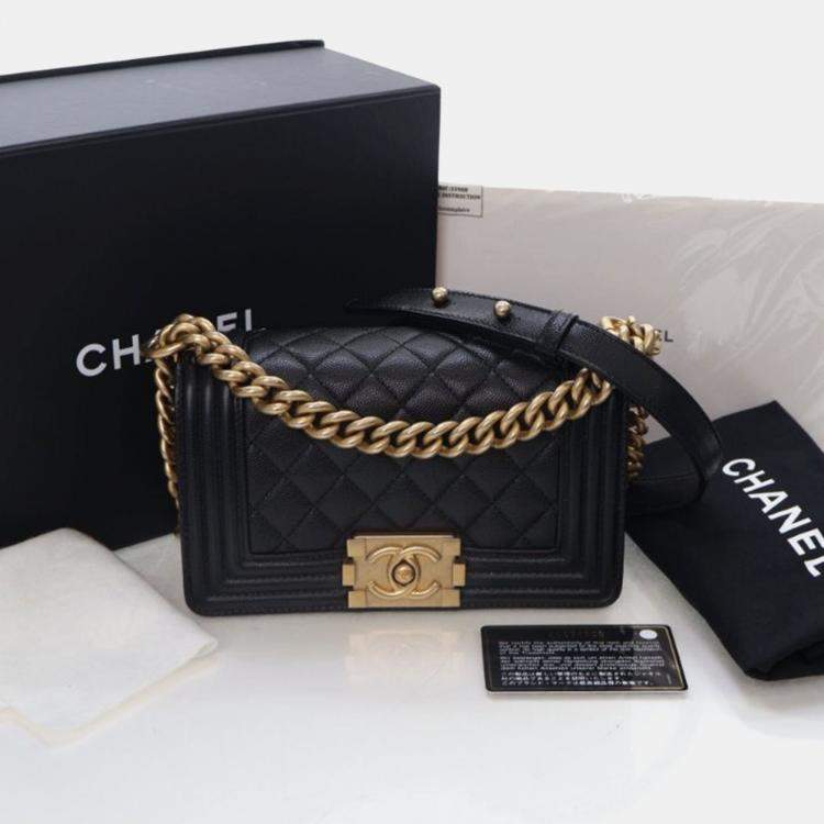 Pre Owned Chanel Boy Small Black Caviar Leather Shoulder Bag