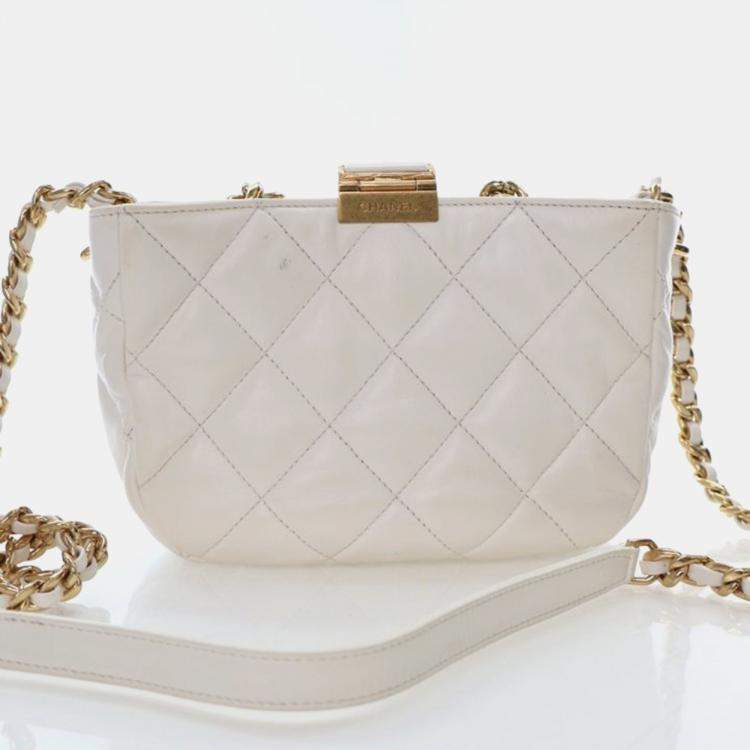 Pre Owned Chanel CC Chain Small White Lambskin Hobo Bag