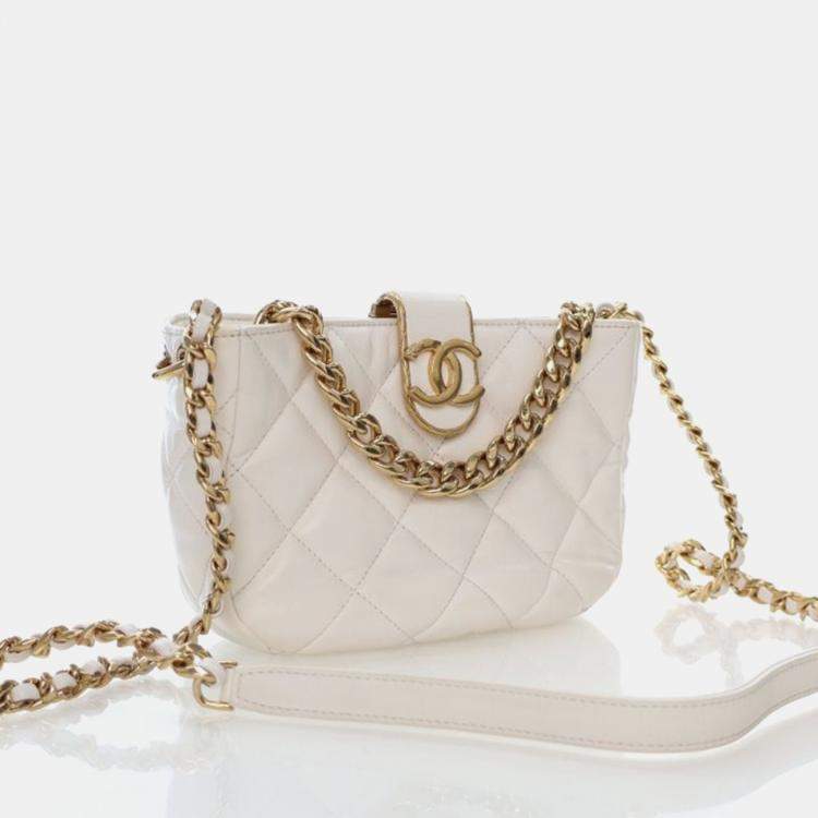 Pre Owned Chanel CC Chain Small White Lambskin Hobo Bag