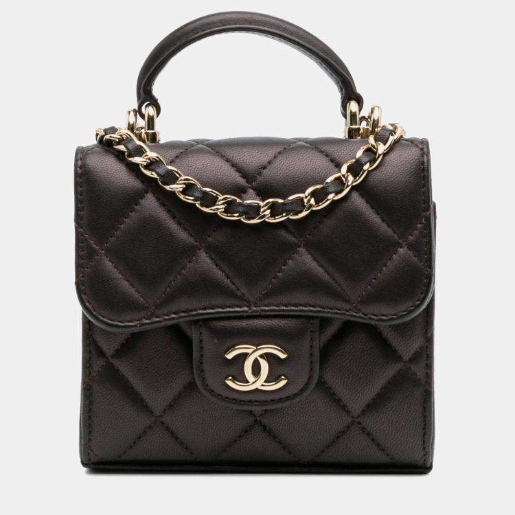 Pre Owned Chanel Red CC Quilted Iridescent Lambskin Top Handle Flap Clutch With Chain