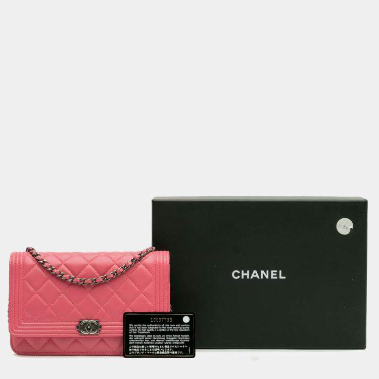 Pre Owned Chanel Pink Lambskin Boy Wallet On Chain