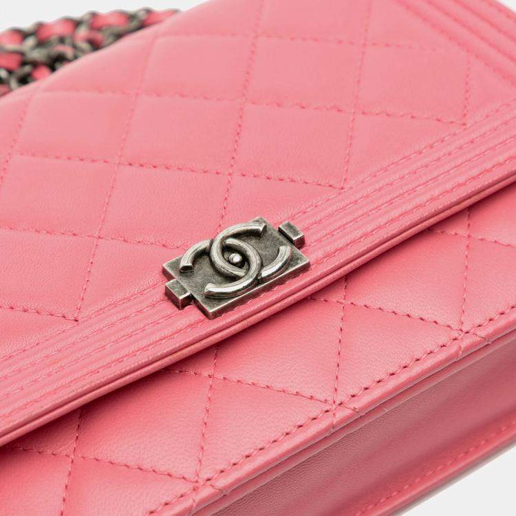 Pre Owned Chanel Pink Lambskin Boy Wallet On Chain