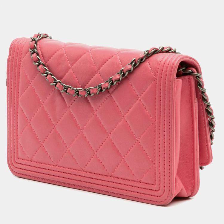 Pre Owned Chanel Pink Lambskin Boy Wallet On Chain