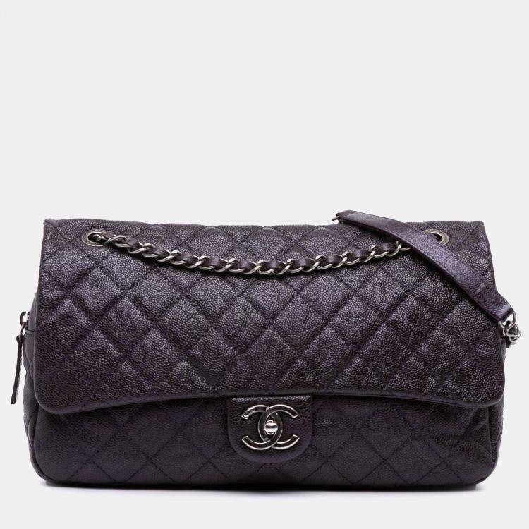 Pre Owned Chanel Purple Jumbo Quilted Caviar Easy Flap