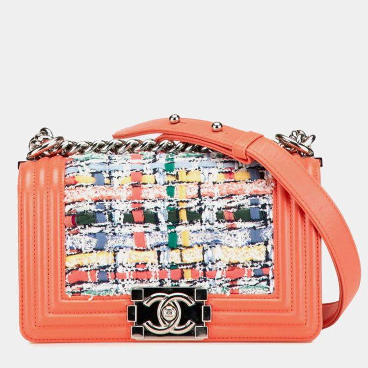 Pre Owned Chanel Boy Coral Orange Multicolor Tweed and Leather Shoulder Bag