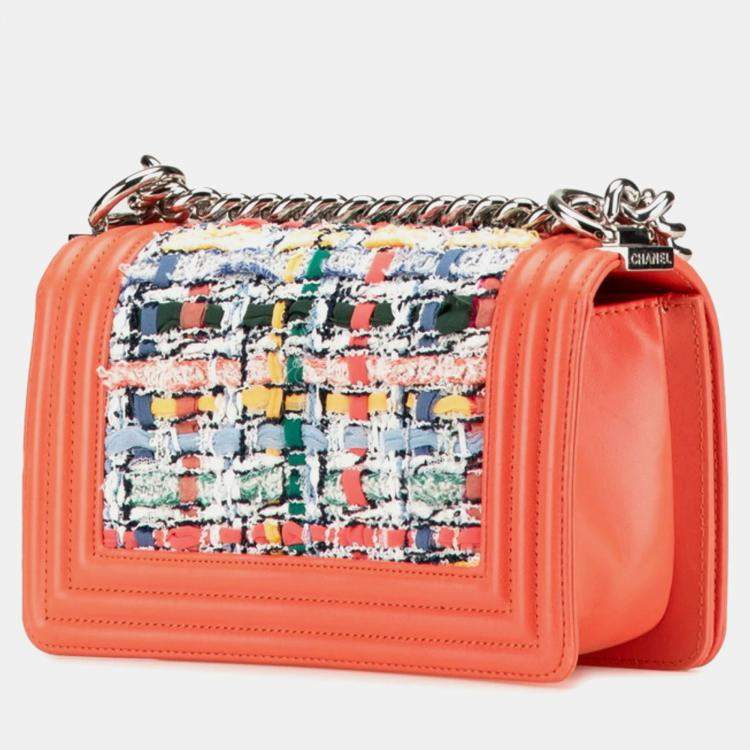 Pre Owned Chanel Boy Coral Orange Multicolor Tweed and Leather Shoulder Bag