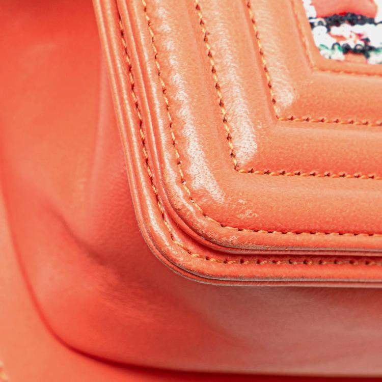Pre Owned Chanel Boy Coral Orange Multicolor Tweed and Leather Shoulder Bag