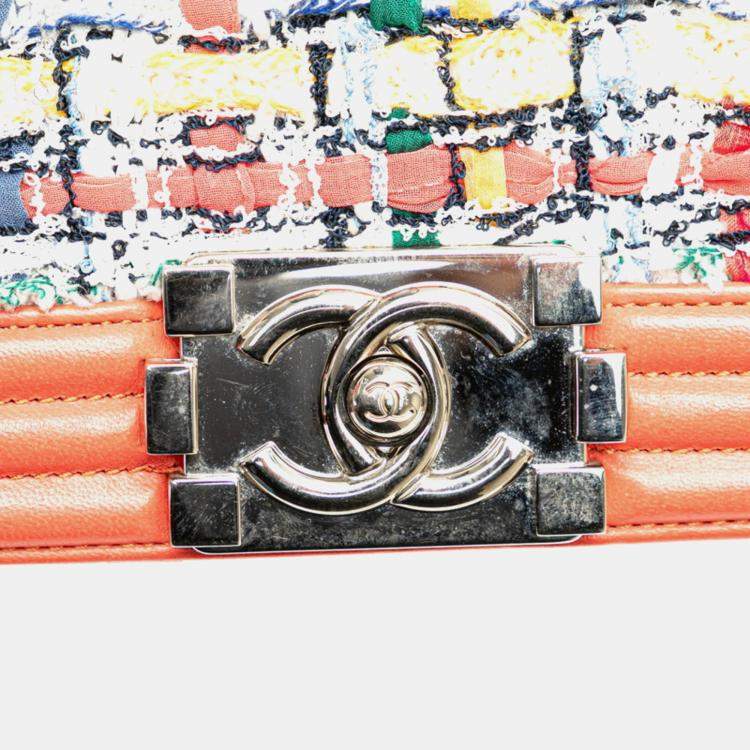 Pre Owned Chanel Boy Coral Orange Multicolor Tweed and Leather Shoulder Bag