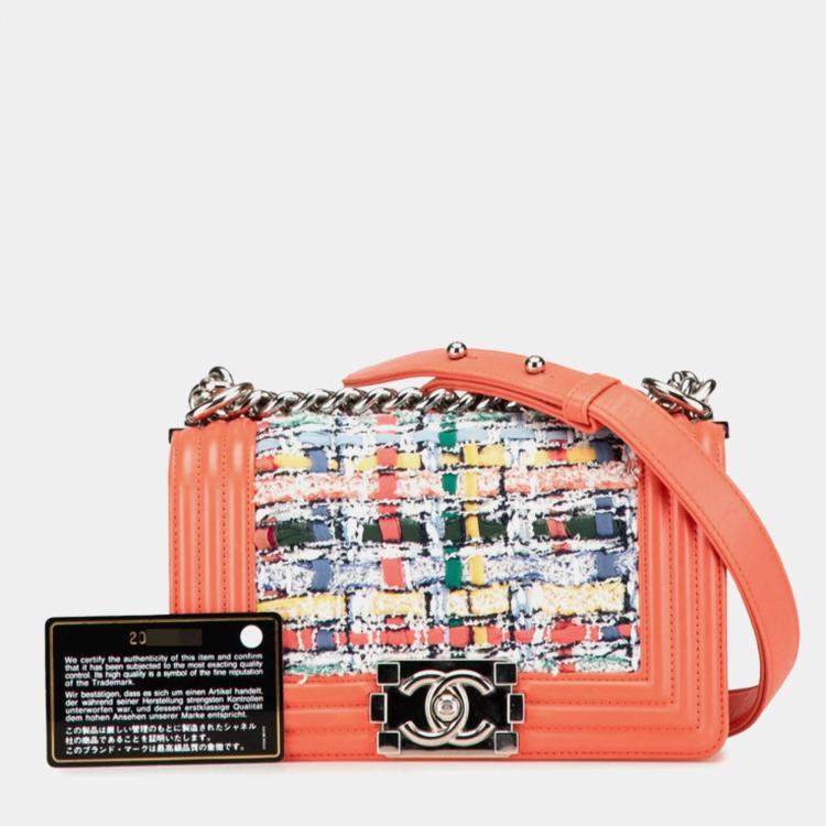 Pre Owned Chanel Boy Coral Orange Multicolor Tweed and Leather Shoulder Bag