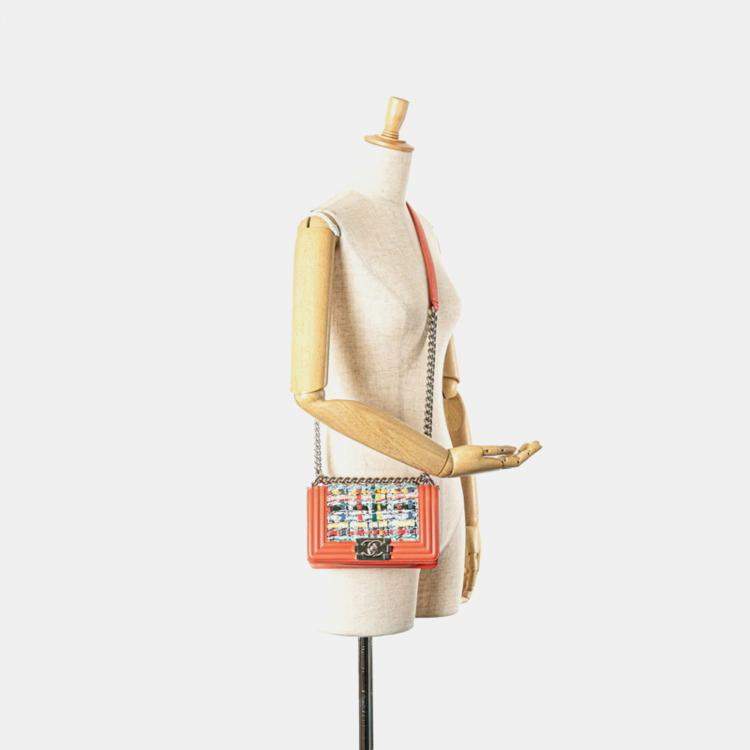 Pre Owned Chanel Boy Coral Orange Multicolor Tweed and Leather Shoulder Bag