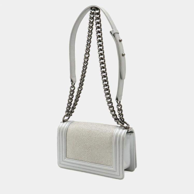 Pre Owned Chanel Boy Metallic Silver Leather Shoulder Bag