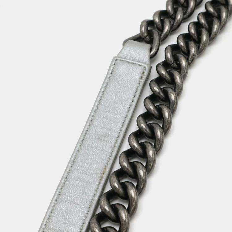 Pre Owned Chanel Boy Metallic Silver Leather Shoulder Bag