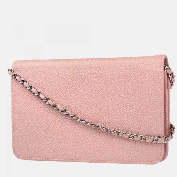 Pre Owned Chanel Timeless Pink Caviar Leather Wallet on Chain