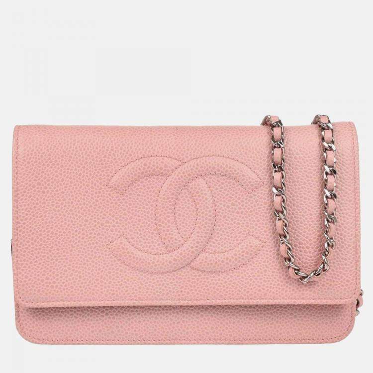 Pre Owned Chanel Timeless Pink Caviar Leather Wallet on Chain