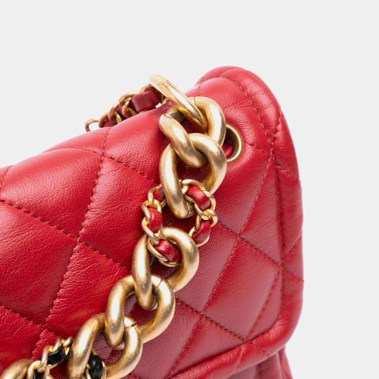 Pre Owned Chanel Red Small Quilted Lambskin Chain Link Flap Bag