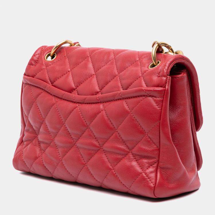 Pre Owned Chanel Red Small Quilted Lambskin Chain Link Flap Bag