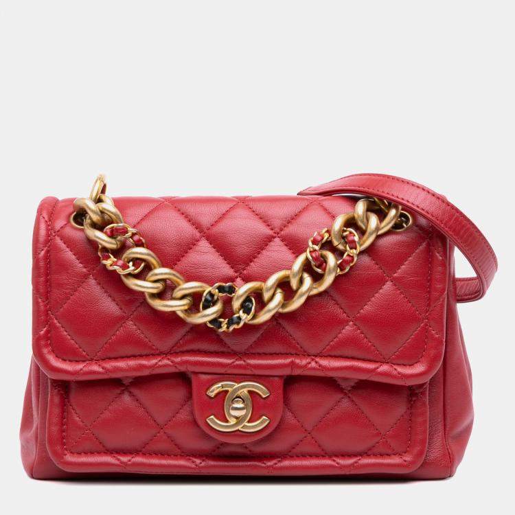 Pre Owned Chanel Red Small Quilted Lambskin Chain Link Flap Bag