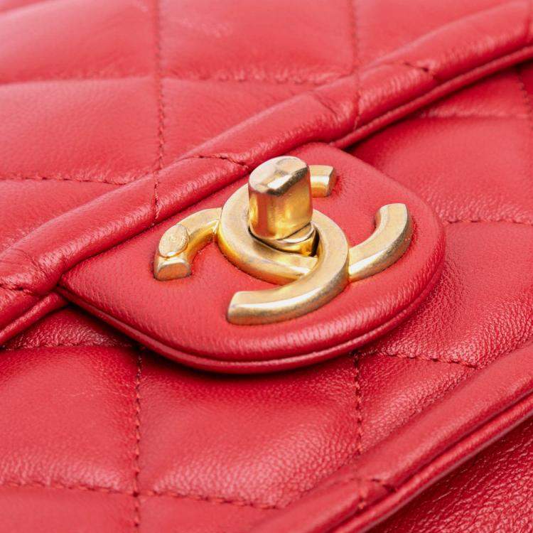 Pre Owned Chanel Red Small Quilted Lambskin Chain Link Flap Bag