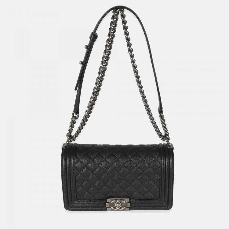 Pre Owned Chanel Black Quilted Caviar Medium Boy Handbag