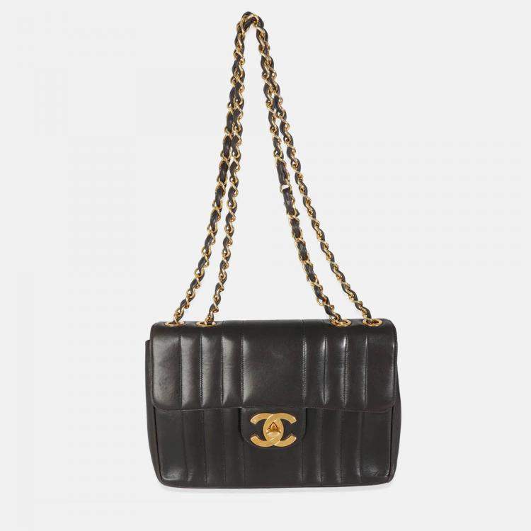 Pre Owned Chanel Vintage Black Lambskin Vertical Stitch Jumbo XL Flap Bag