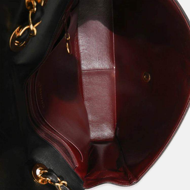 Pre Owned Chanel Vintage Black Lambskin Vertical Stitch Jumbo XL Flap Bag