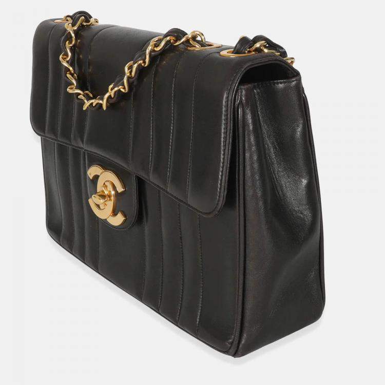 Pre Owned Chanel Vintage Black Lambskin Vertical Stitch Jumbo XL Flap Bag