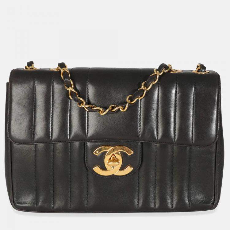 Pre Owned Chanel Vintage Black Lambskin Vertical Stitch Jumbo XL Flap Bag