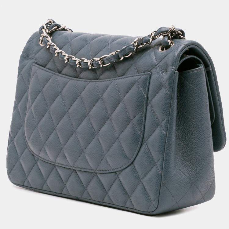 Pre Owned Chanel Blue Jumbo Classic Caviar Double Flap