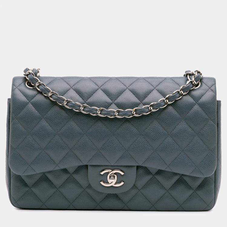 Pre Owned Chanel Blue Jumbo Classic Caviar Double Flap