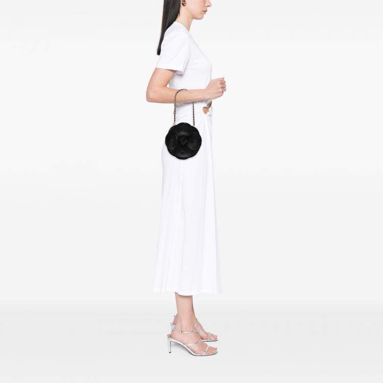 Pre Owned Chanel Black Lambskin and Satin Camellia Flower Evening Bag