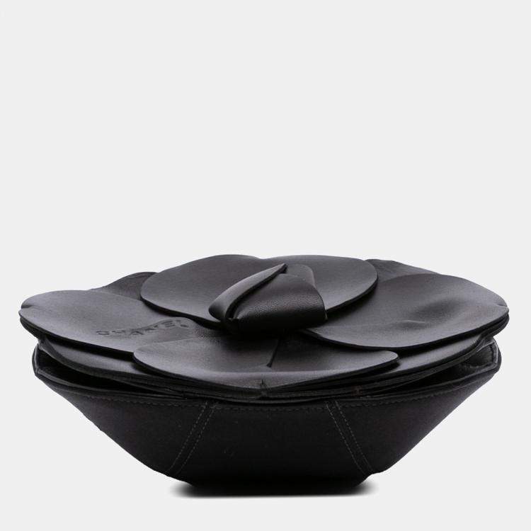 Pre Owned Chanel Black Lambskin and Satin Camellia Flower Evening Bag