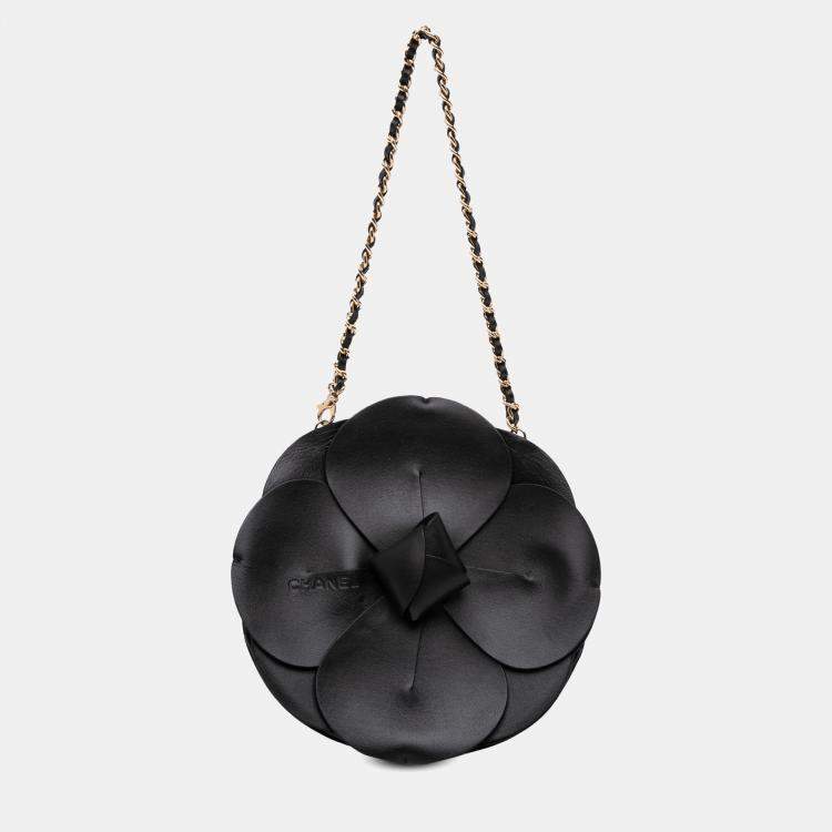 Pre Owned Chanel Black Lambskin and Satin Camellia Flower Evening Bag
