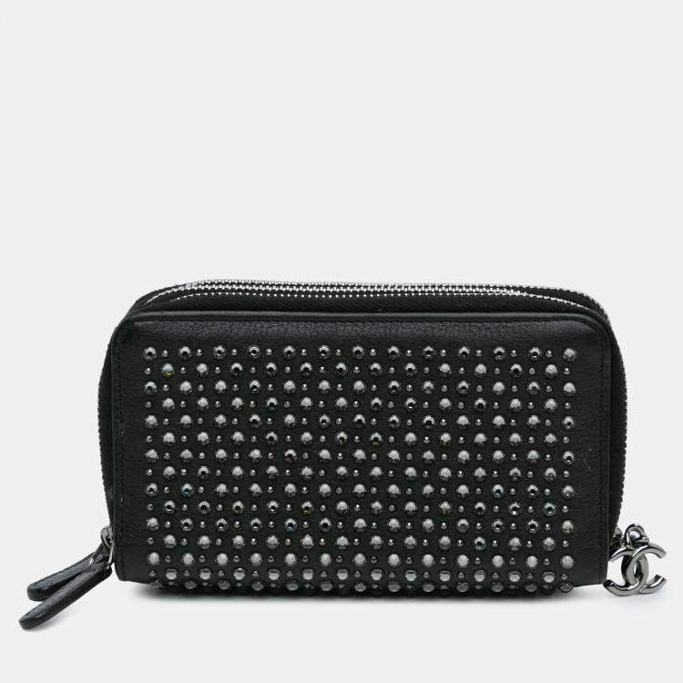 Pre Owned Chanel Studded Black Leather Zip Wallet