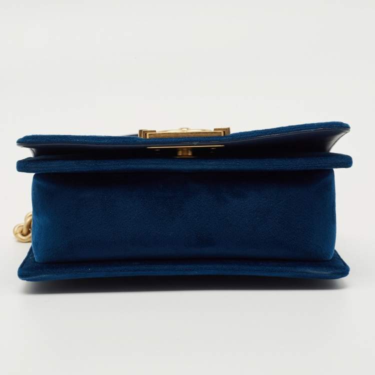 Pre Owned Chanel Blue Quilted Velvet Small Boy Flap Bag