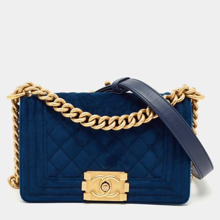 Pre Owned Chanel Blue Quilted Velvet Small Boy Flap Bag