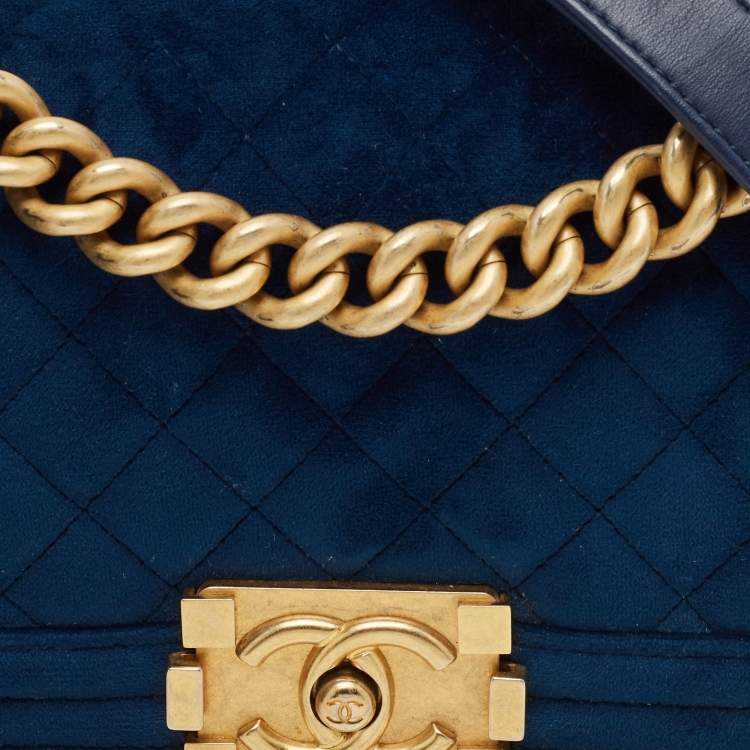 Pre Owned Chanel Blue Quilted Velvet Small Boy Flap Bag