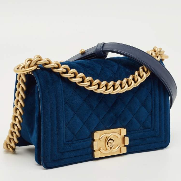 Pre Owned Chanel Blue Quilted Velvet Small Boy Flap Bag