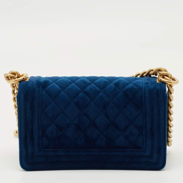Pre Owned Chanel Blue Quilted Velvet Small Boy Flap Bag