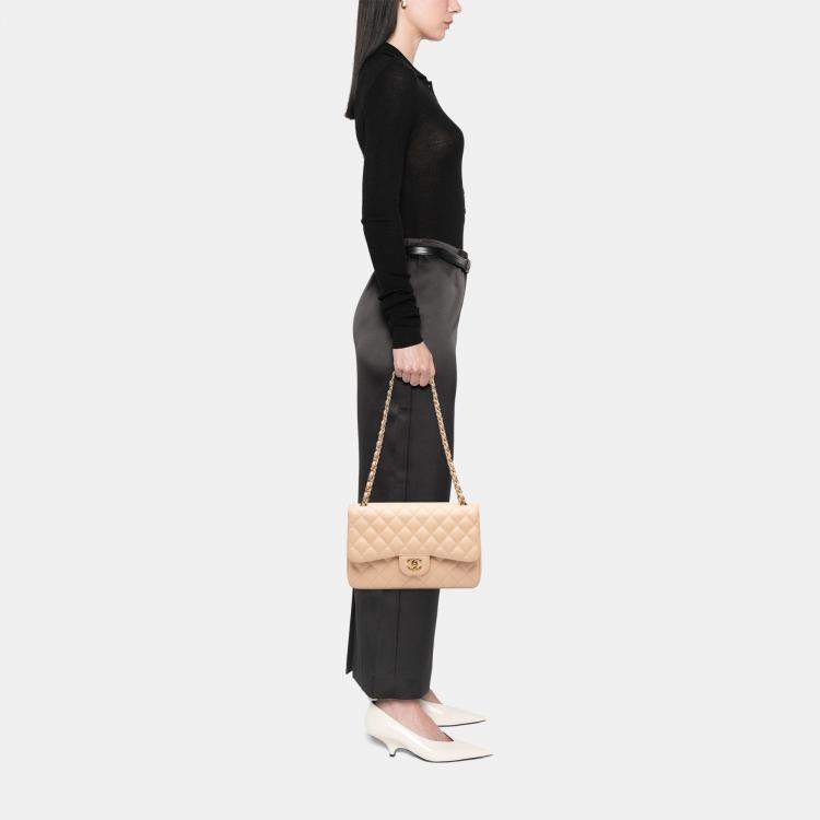 Pre Owned Chanel Beige Jumbo Classic Caviar Double Flap
