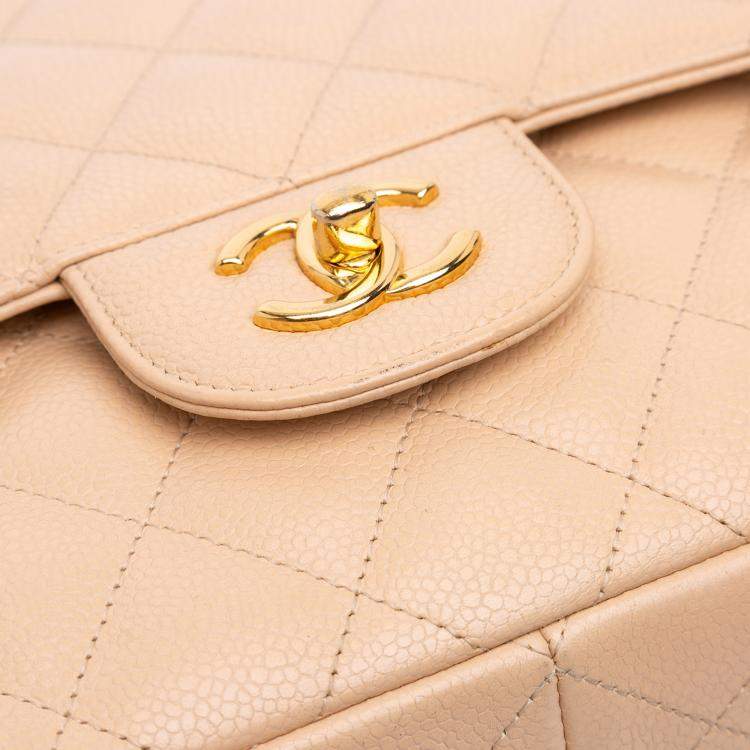 Pre Owned Chanel Beige Jumbo Classic Caviar Double Flap