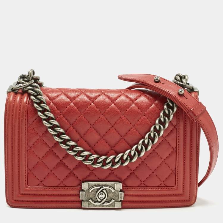 Pre Owned Chanel Red Quilted Leather Medium Classic Boy Flap Bag