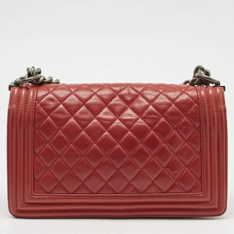 Pre Owned Chanel Red Quilted Leather Medium Classic Boy Flap Bag