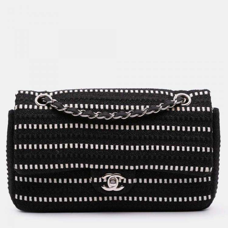 Pre Owned Chanel Black Medium Classic Tweed Striped Ribbon Double Flap