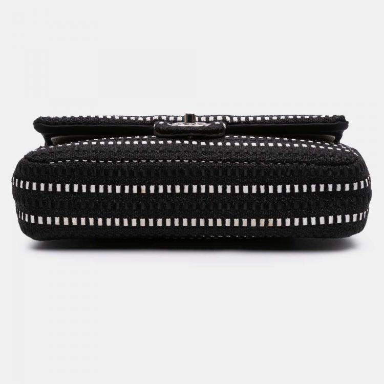 Pre Owned Chanel Black Medium Classic Tweed Striped Ribbon Double Flap
