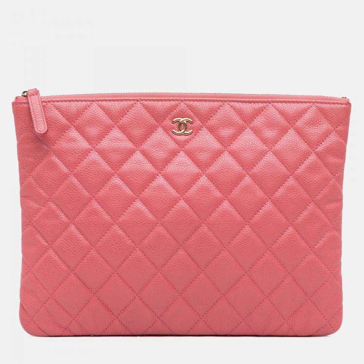 Pre Owned Chanel Pink Medium Quilted Caviar O Case Clutch
