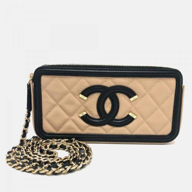 Pre Owned Chanel Filigree Long Beige Caviar Leather Wallet On Chain