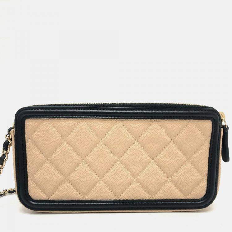 Pre Owned Chanel Filigree Long Beige Caviar Leather Wallet On Chain