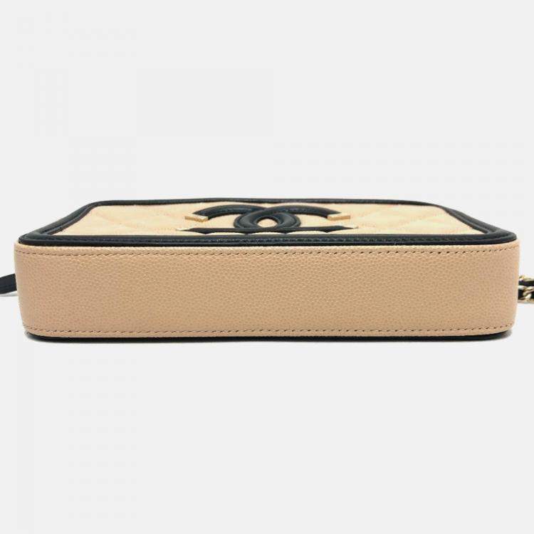 Pre Owned Chanel Filigree Long Beige Caviar Leather Wallet On Chain